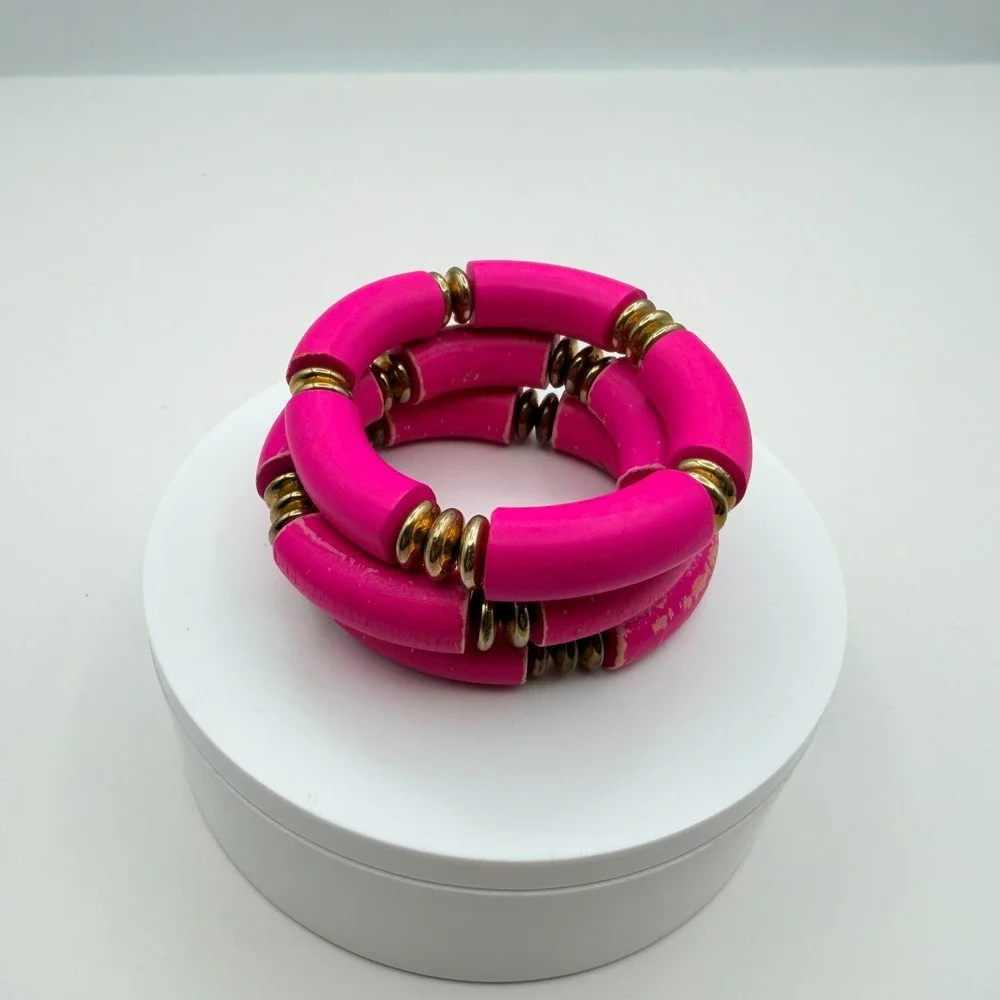 Vintage 90s Hot Pink Tube Beaded‎ Stretch Bracelet Set 3pc Gold Tone Jewelry